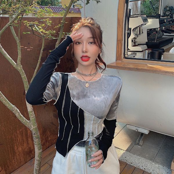 tie-dye color matching irregular t-shirt women slim crop chic design korean style long sleeve t-shirt spring, White
tie-dye color matching irregular t-shirt women slim crop chic design korean style long sleeve t-shirt spring, White