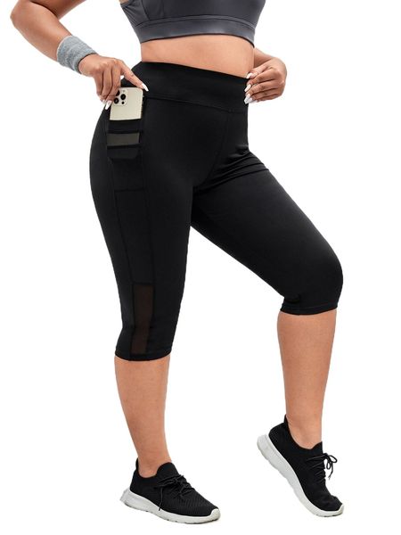 plus mesh insert capri sports leggings with phone pocket j87a#, Black