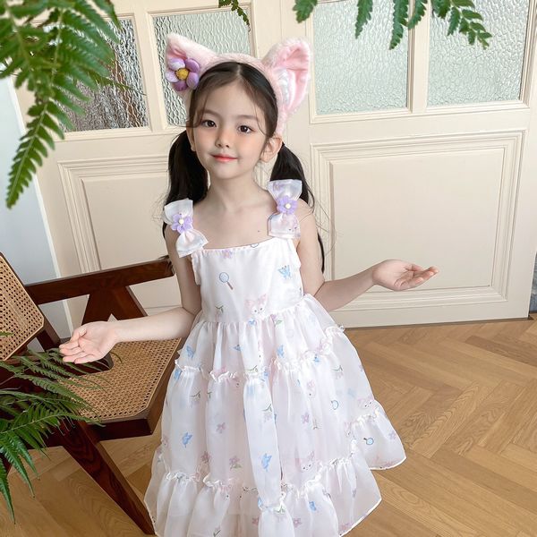 

Kids Girls Chiffon Suspender Dresses Summer Baby Girl Flowers Print Dress Children Birthday Clothing Tutu, Pink