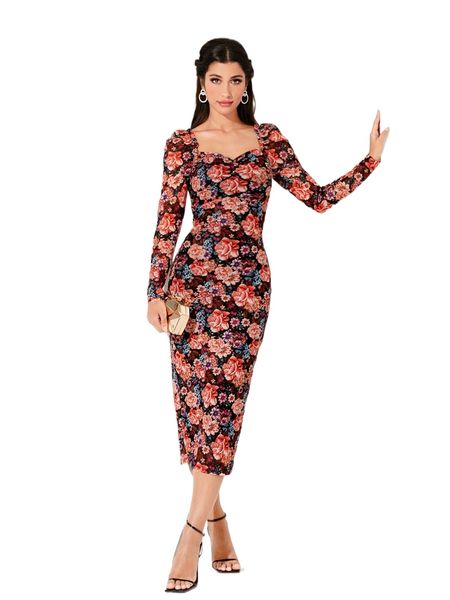 modely sweetheart neck floral print frill trim split back dress h6m8#, Black;gray 
modely sweetheart neck floral print frill trim split back dress h6m8#, Black;gray