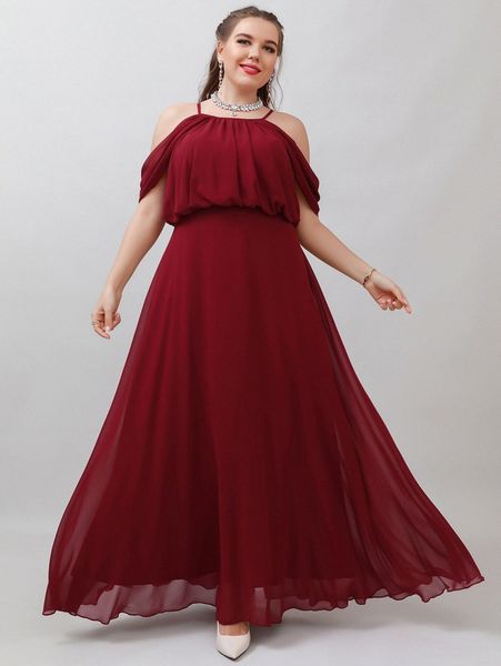 plus cold shoulder zip back chiffon prom dress 16aj#, Black