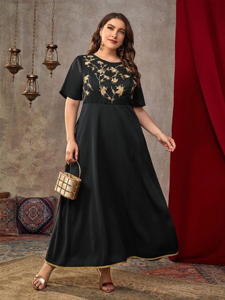 plus floral embroidery dress j7oe#, Black