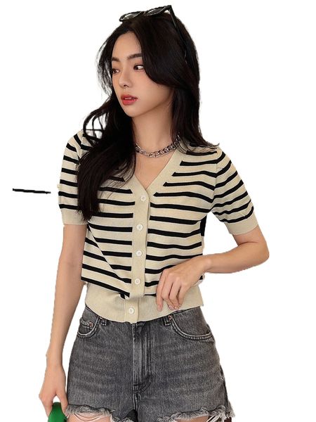 dazy striped button through tee i901#, White
dazy striped button through tee i901#, White
