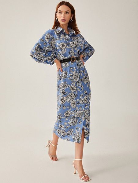 floral print lantern sleeve button through shirt dress without belt v72x#, Black;gray
floral print lantern sleeve button through shirt dress without belt v72x#, Black;gray