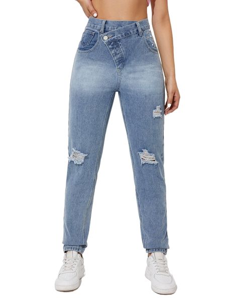asymmetrical waist pearls beaded ripped frayed jeans 44fy#, Blue
asymmetrical waist pearls beaded ripped frayed jeans 44fy#, Blue