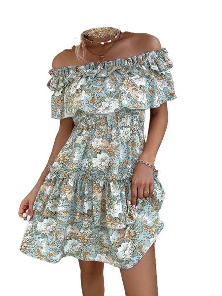floral print off shoulder ruffle trim layered hem dress k6yl#, Black;gray