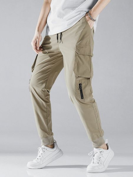 men zip detail flap pocket side drawstring waist cargo pants d7ln#, Black 
men zip detail flap pocket side drawstring waist cargo pants d7ln#, Black