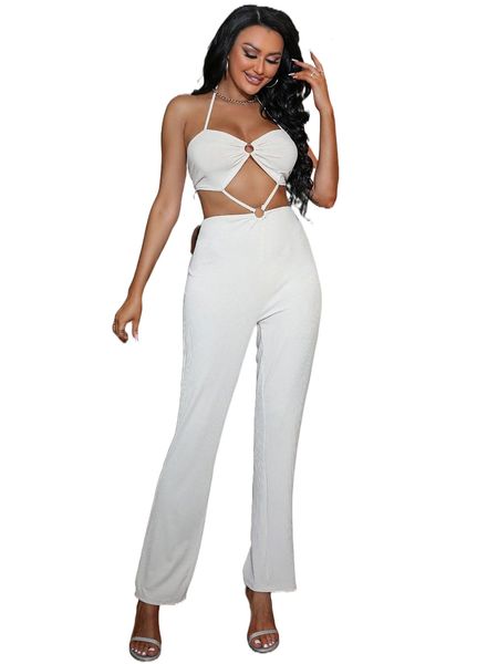 o-ring linked tie backless halter jumpsuit t791#, Black;white
