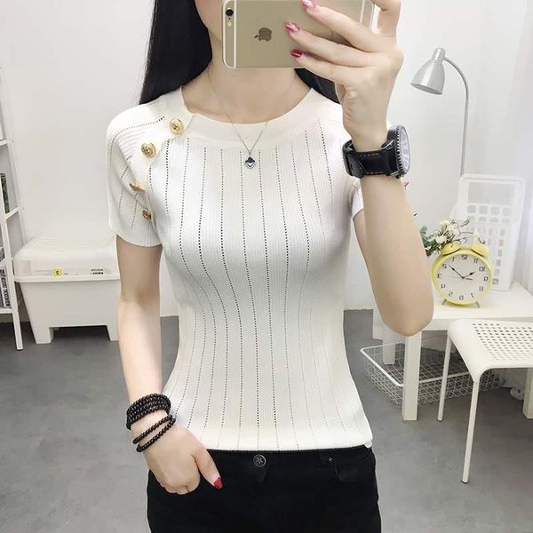 hollow thin knitted white t shirt button short sleeve women summer solid casual slim t-shirt female tee femme
hollow thin knitted white t shirt button short sleeve women summer solid casual slim t-shirt female tee femme
