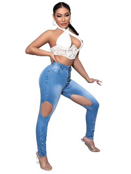 sxy high waist cut out stacked jeans z4xw#, Blue