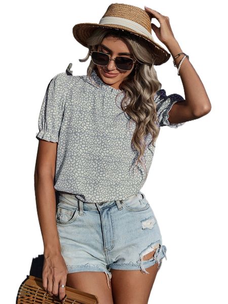 frill trim leopard print puff sleeve o5sg#, White