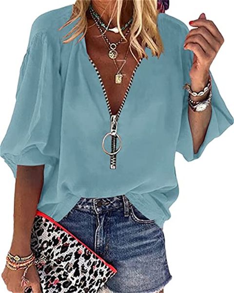 women's & tees v-neck lantern sleeve shirt with zipper design loose casual top, White
women's & tees v-neck lantern sleeve shirt with zipper design loose casual top, White