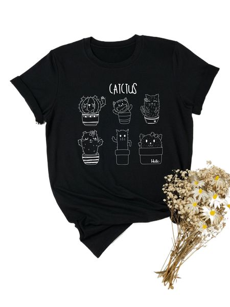plus cartoon cat & letter print tee c8t0#, Black