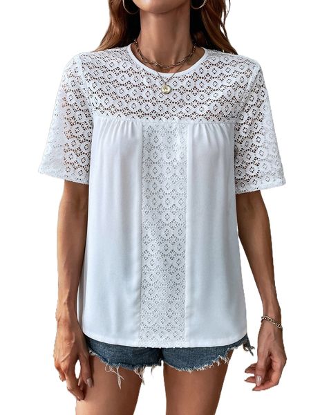 contrast lace keyhole back blouse r7uy#, White
contrast lace keyhole back blouse r7uy#, White