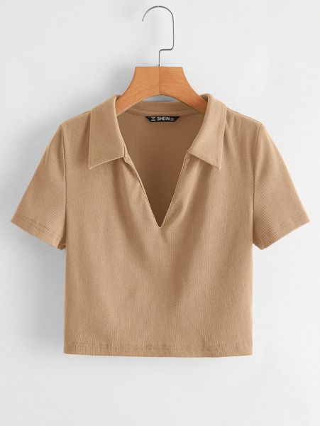 collared v-neck rib-knit tee g4g5#, White
