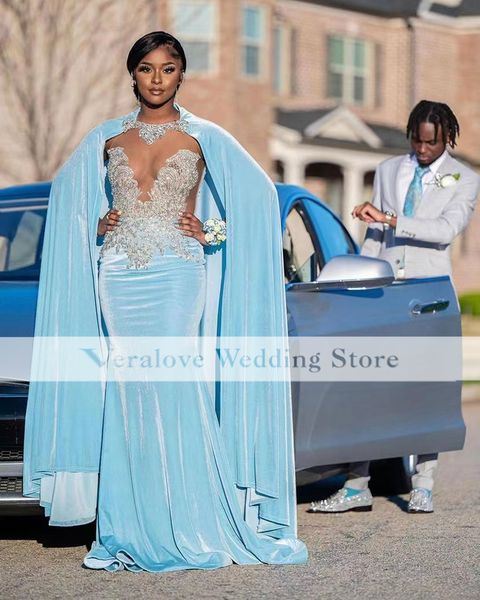 light blue velvet prom dresses for black girls 2022 major beads evening gowns with cape sheer neck formal party wear
light blue velvet prom dresses for black girls 2022 major beads evening gowns with cape sheer neck formal party wear