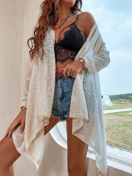 open front asymmetrical hem cardigan r8uh#, White;black 
open front asymmetrical hem cardigan r8uh#, White;black