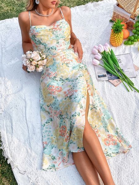 allover floral print tie backless split thigh cami dress 11po#, Black;gray