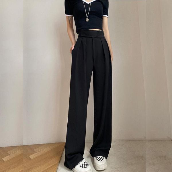 women wide solid black casual pants leg trousers office lady adjustable waist mopping draped baggy elegant tender aa, Black;white
women wide solid black casual pants leg trousers office lady adjustable waist mopping draped baggy elegant tender aa, Black;white