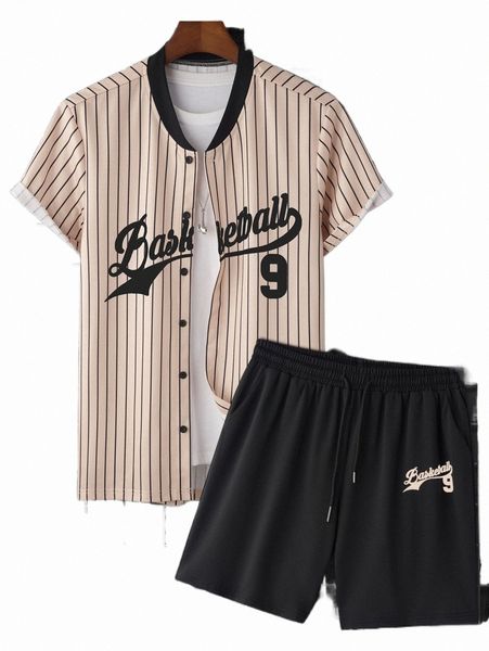 men striped & letter graphic baseball collar shirt & drawstring waist shorts without tee c5i8#, Gray
men striped & letter graphic baseball collar shirt & drawstring waist shorts without tee c5i8#, Gray