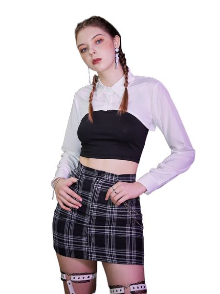 romwe punk rock solid cami & button front super crop & plaid skirt w00w#, White
romwe punk rock solid cami & button front super crop & plaid skirt w00w#, White