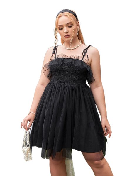 plus ruffle trim shirred tie shoulder mesh cami dress o7vs#, Black