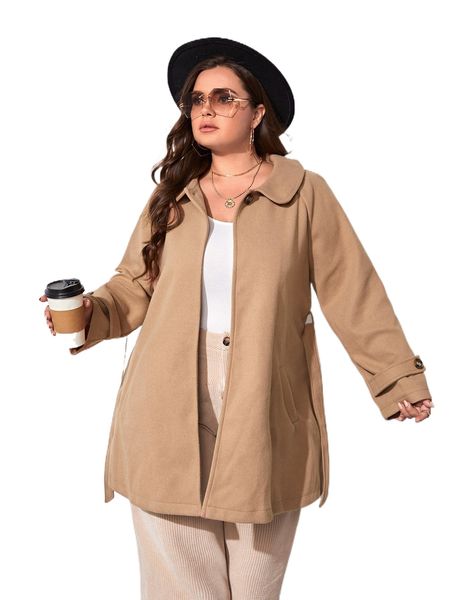 plus raglan sleeve slant pockets belted overcoat z1x9#, Black