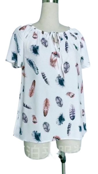 t222# europe and america 2019 summer new casual loose feather print v-neck short sleeve jacket 83js#, White
t222# europe and america 2019 summer new casual loose feather print v-neck short sleeve jacket 83js#, White