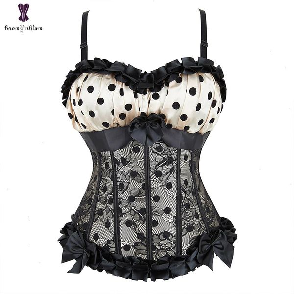 removable straps side zip closure overlay lace up boned corsets ruffled polka dot corset overbust 8899, Black;white
removable straps side zip closure overlay lace up boned corsets ruffled polka dot corset overbust 8899, Black;white