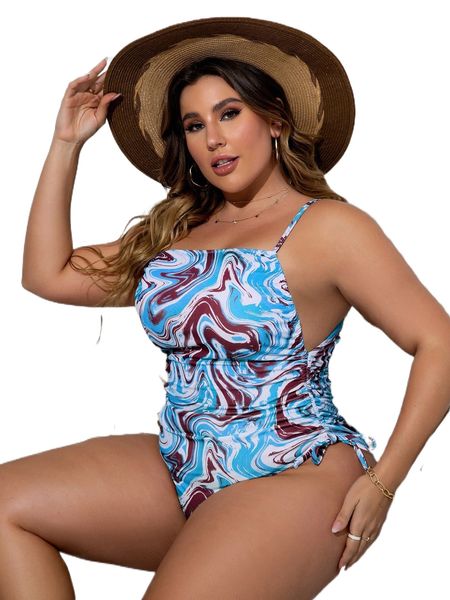 plus marble print drawstring one piece swimsuit 67nf#, White;black 
plus marble print drawstring one piece swimsuit 67nf#, White;black