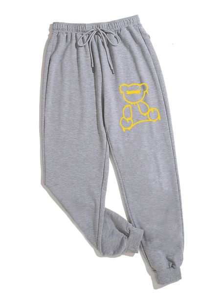 bear print drawstring waist sweatpants m00n#, Black;white