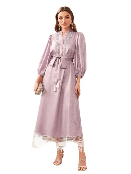 appliques lantern sleeve guipure lace hem tassel belted dress m9k6#, Black;gray
appliques lantern sleeve guipure lace hem tassel belted dress m9k6#, Black;gray