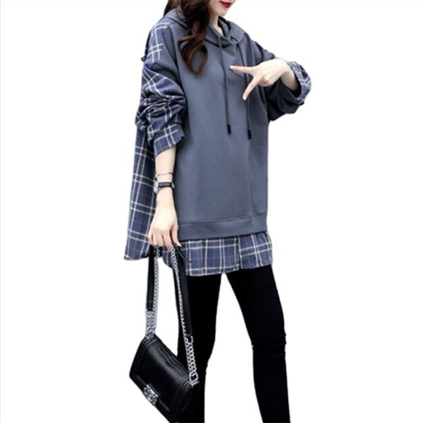 women casual fake two piece hoodies sweatshirts fashion british style plaid shirt loose spring pullover s21008 220324, Black
women casual fake two piece hoodies sweatshirts fashion british style plaid shirt loose spring pullover s21008 220324, Black