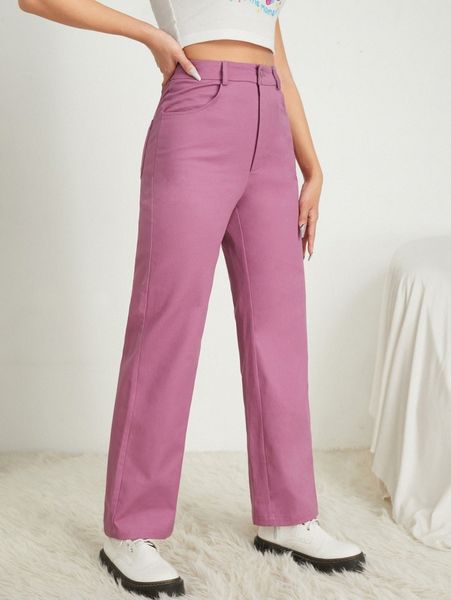 petite high waist straight leg pants i6uh#, Black;white