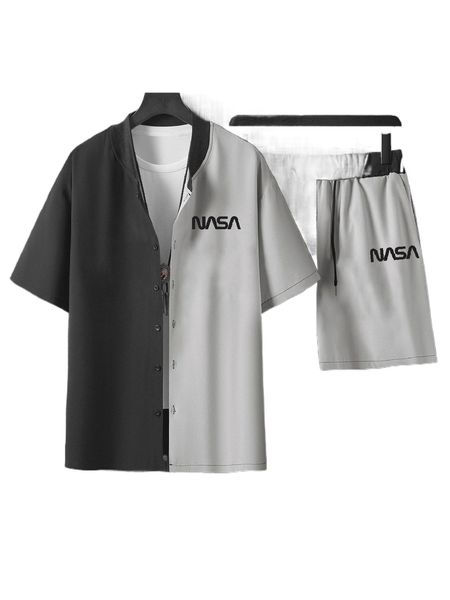 men letter graphic baseball collar shirt & drawstring waist shorts without tee m51y#, Gray
men letter graphic baseball collar shirt & drawstring waist shorts without tee m51y#, Gray