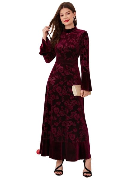 velvet jacquard mock neck flounce sleeve a-line dress without belt m8lb#, Black;gray
velvet jacquard mock neck flounce sleeve a-line dress without belt m8lb#, Black;gray