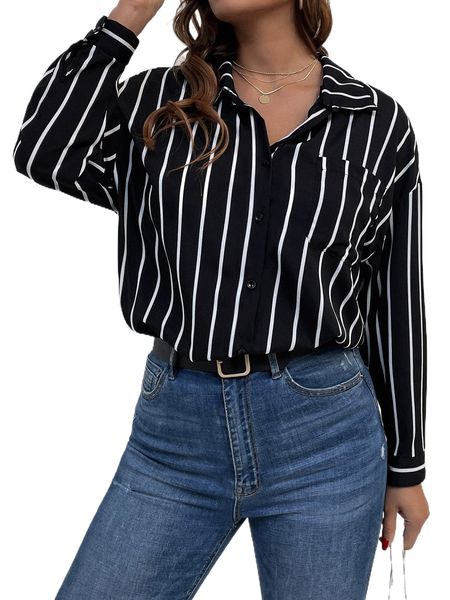 plus striped pocket front blouse l7lf#, Black