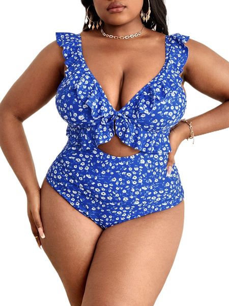 plus ditsy floral print ruffle trim cut out knot front one piece swimsuit l0zh#, White;black
plus ditsy floral print ruffle trim cut out knot front one piece swimsuit l0zh#, White;black