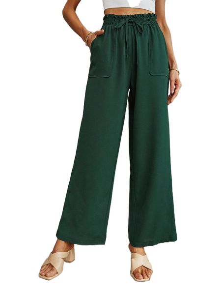paper bag waist knot front wide leg pants h048#, Black;white