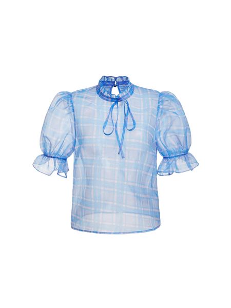 mod plaid print flounce sleeve tie neck y52n#, White
mod plaid print flounce sleeve tie neck y52n#, White