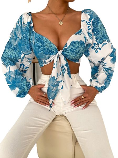 floral print tie front crop s98e#, White