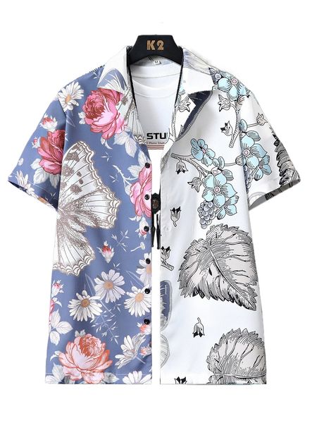 men butterfly & floral print shirt without tee k3ki#, White;black