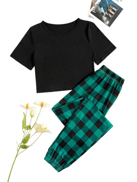 crop and buffalo plaid pants pj set d5aw#, Black;red 
crop and buffalo plaid pants pj set d5aw#, Black;red