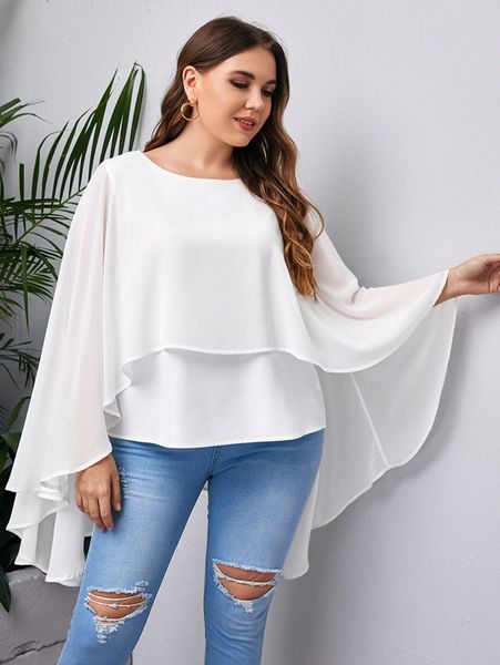 plus solid high low cloak sleeve blouse 03bf#, Black