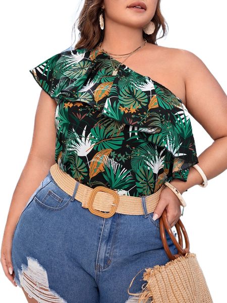 plus tropical print ruffle trim one shoulder blouse 241s#, Black 
plus tropical print ruffle trim one shoulder blouse 241s#, Black