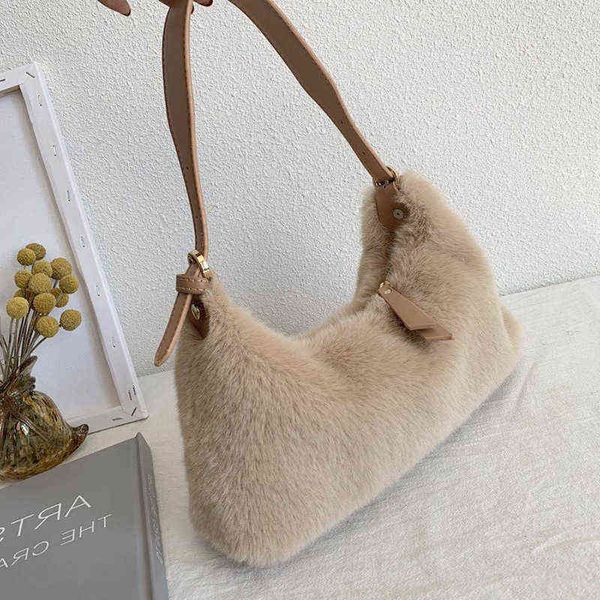 new plush women shoulder bag 2021 winter faux fur mini underarm bags all-match luxury designer handbag fluffy solid female bag y220401