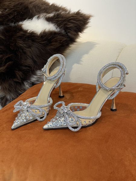 Image of 2022 Luxury designer women high heels sandal shoes sliver glittle rhinstone strass shoe Summer Sexy square head rhinestone bow tie winding straps ladies sandals