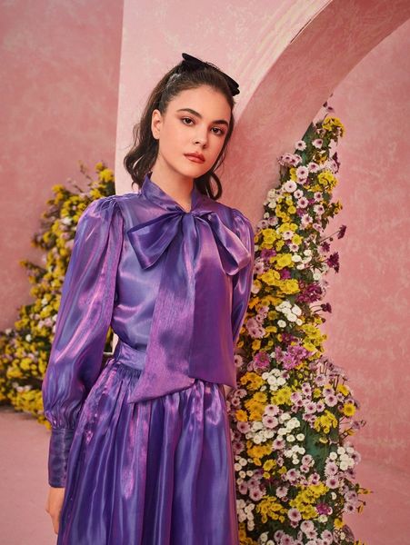 bishop sleeve tie neck organza blouse k6og#, White 
bishop sleeve tie neck organza blouse k6og#, White
