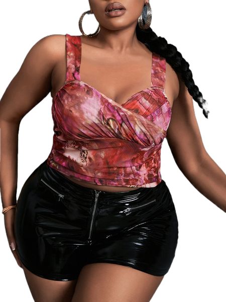 sxy plus tie dye ruched mesh cami p72m#, Black 
sxy plus tie dye ruched mesh cami p72m#, Black