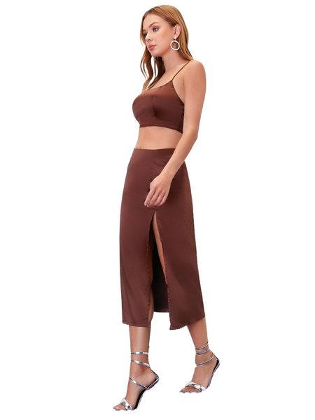 solid cami & split thigh skirt set w1vp#, White 
solid cami & split thigh skirt set w1vp#, White